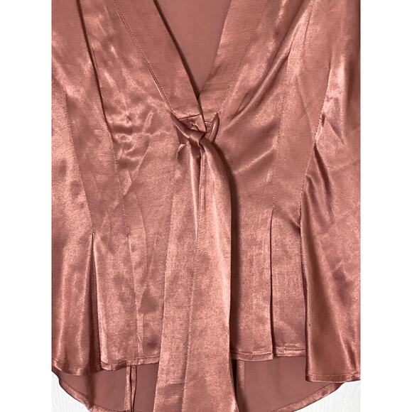 WAYF Women's Long Sleeve Satin Blouse Rose Gold Size Large Button Up Tie Front - Picture 2 of 6